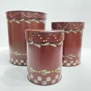 Vintage hand painted nesting tin kitchen canisters, set of 3